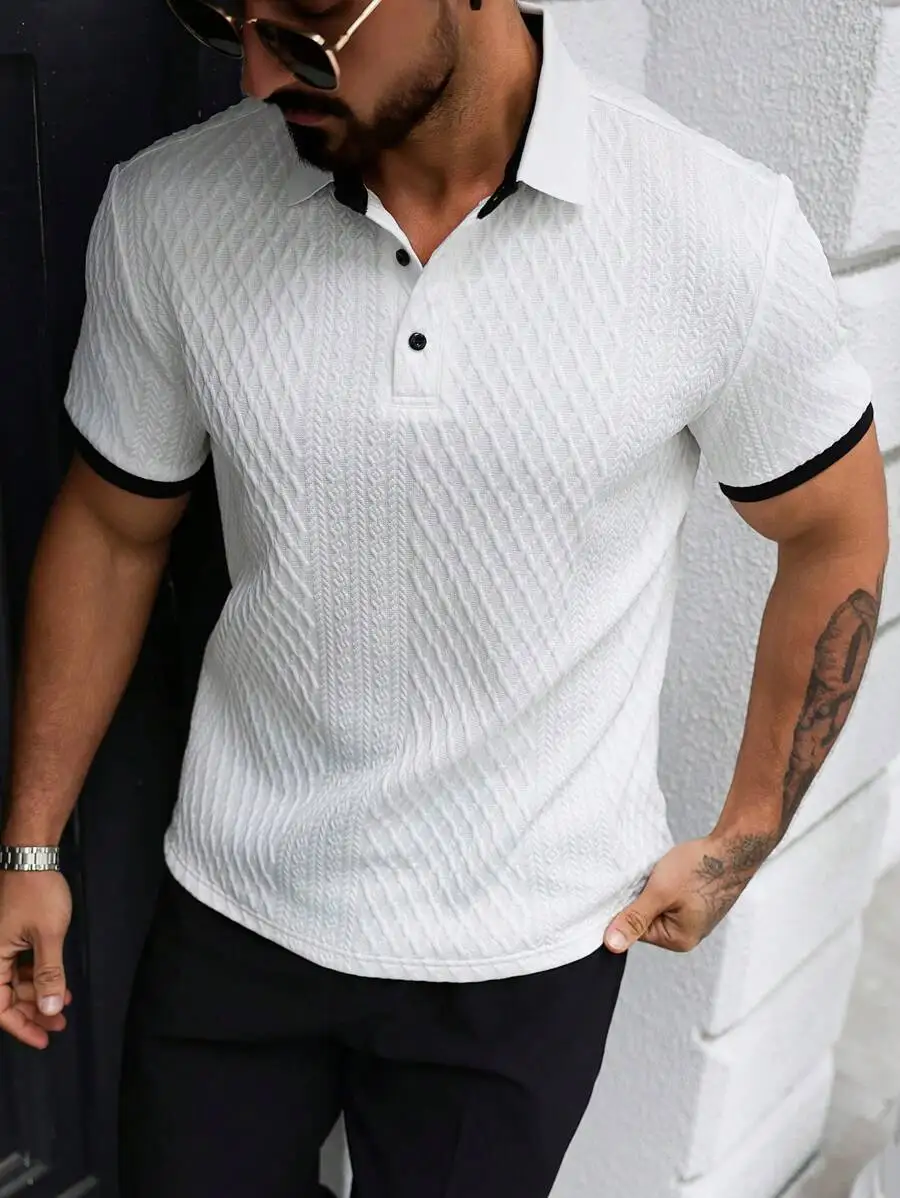 Men's Textured Knit Short Sleeve Polo Shirt with Black Trim - Casual Summer Wear
Men's Textured Knit Short Sleeve Polo Shirt with Black Trim - Casual Summer Wear