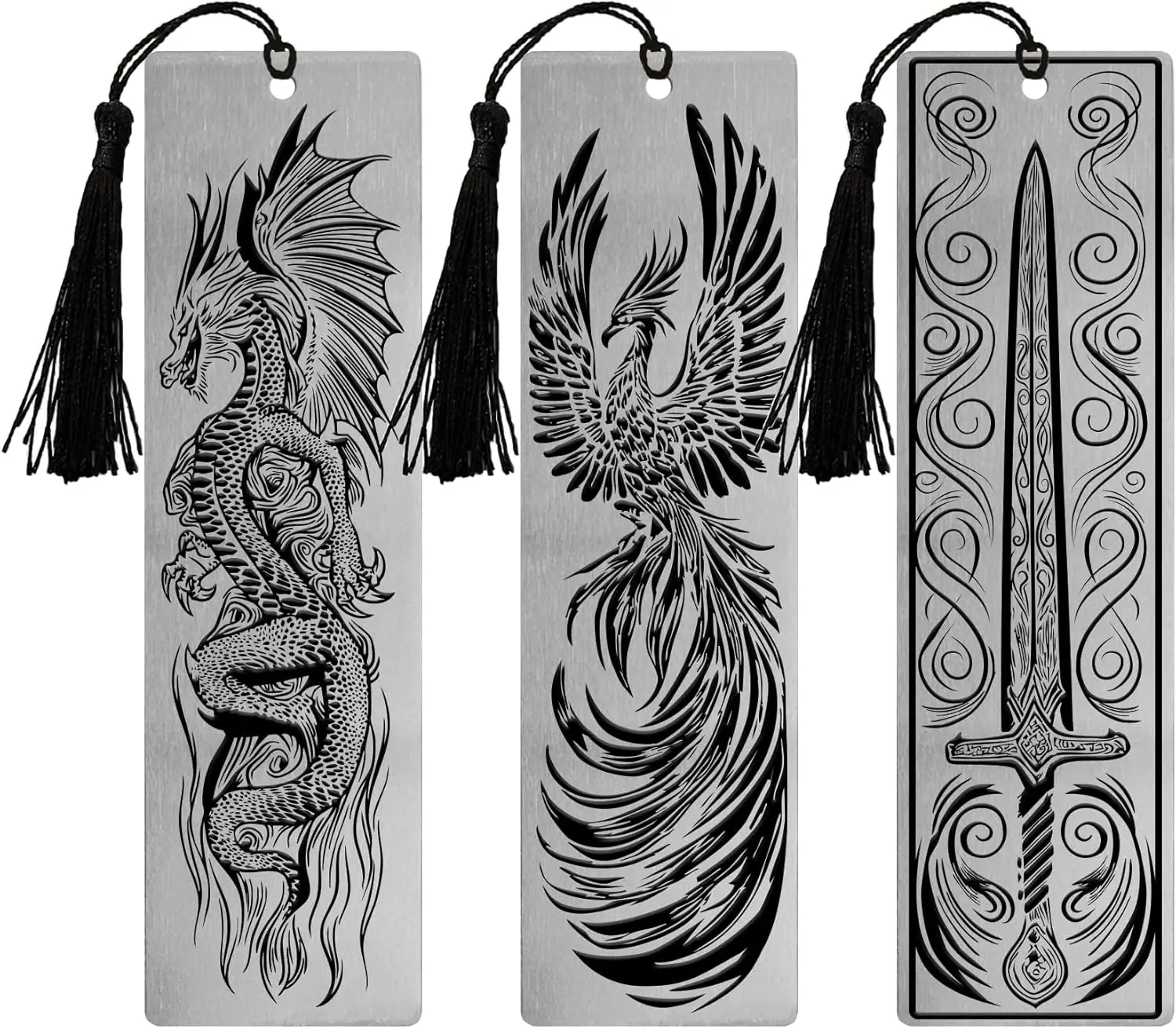 Stainless Steel Bookmarks Set of 3 Dragon Phoenix Sword for Book Lovers Fantasy Gift
Stainless Steel Bookmarks Set of 3 Dragon Phoenix Sword for Book Lovers Fantasy Gift