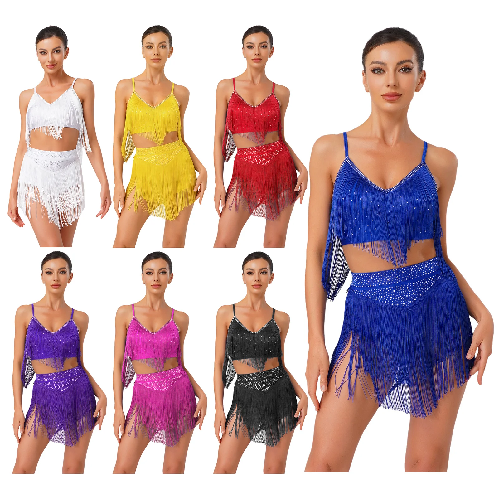 Women Latin Dance Performance Costume Sleeveless Shiny Tassels Crop Top with Skirt for Ballroom Cha-cha Samba Salsa Rumba Tango
Women Latin Dance Performance Costume Sleeveless Shiny Tassels Crop Top with Skirt for Ballroom Cha-cha Samba Salsa Rumba Tango
