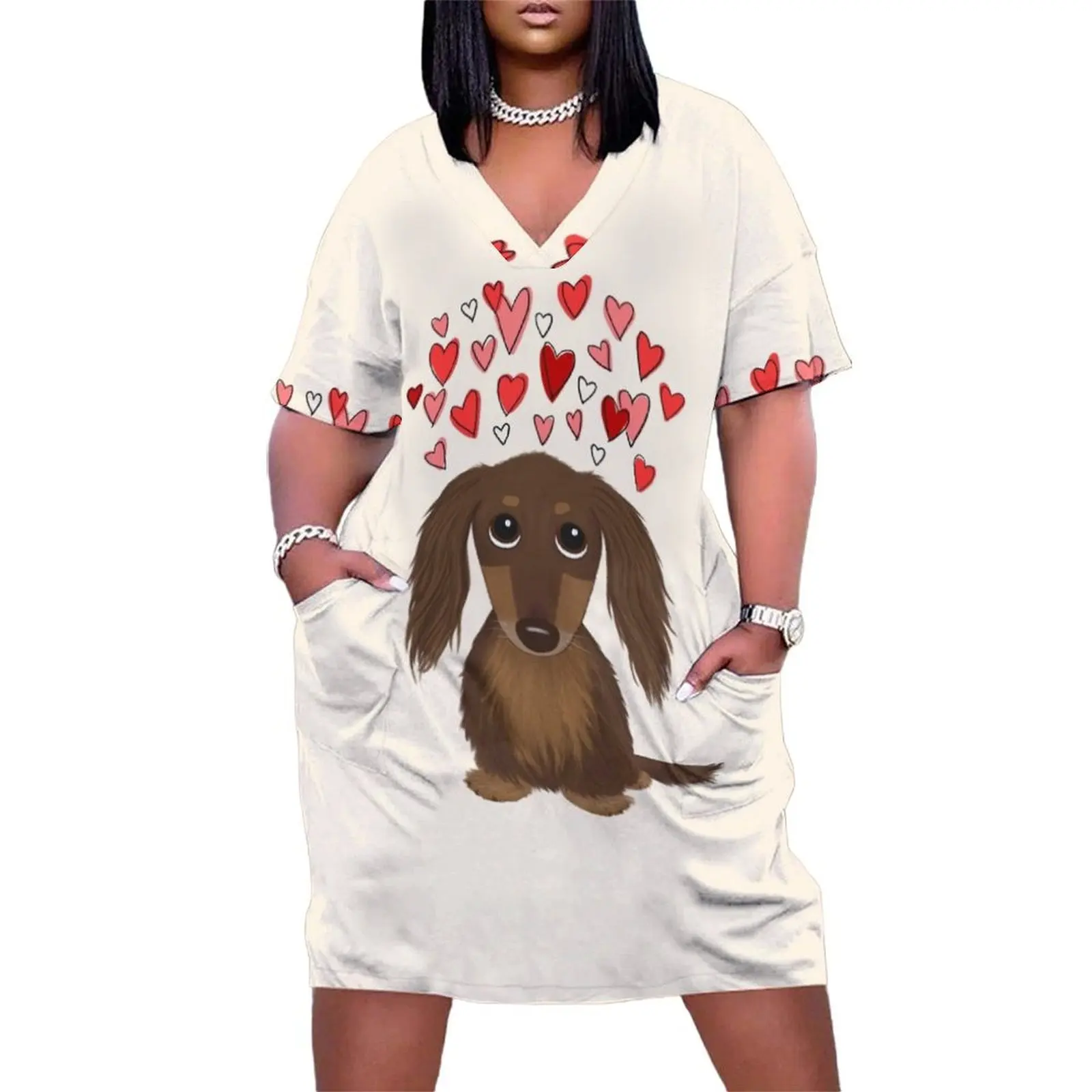 Hearts Dog Longhaired Chocolate Dachshund Cartoon Dog with Valentine Hearts Loose Pocket Dress dresses for woman
Hearts Dog Longhaired Chocolate Dachshund Cartoon Dog with Valentine Hearts Loose Pocket Dress dresses for woman
