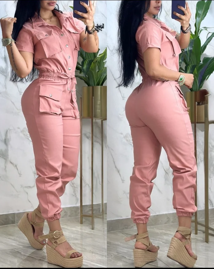 Women's Romper Fashion Bodysuit 2025 Spring Summer Turn Down Collar Short Sleeve Over Drawstring Waist Slim Fit Cargo Jumpsuit
Women's Romper Fashion Bodysuit 2025 Spring Summer Turn Down Collar Short Sleeve Over Drawstring Waist Slim Fit Cargo Jumpsuit