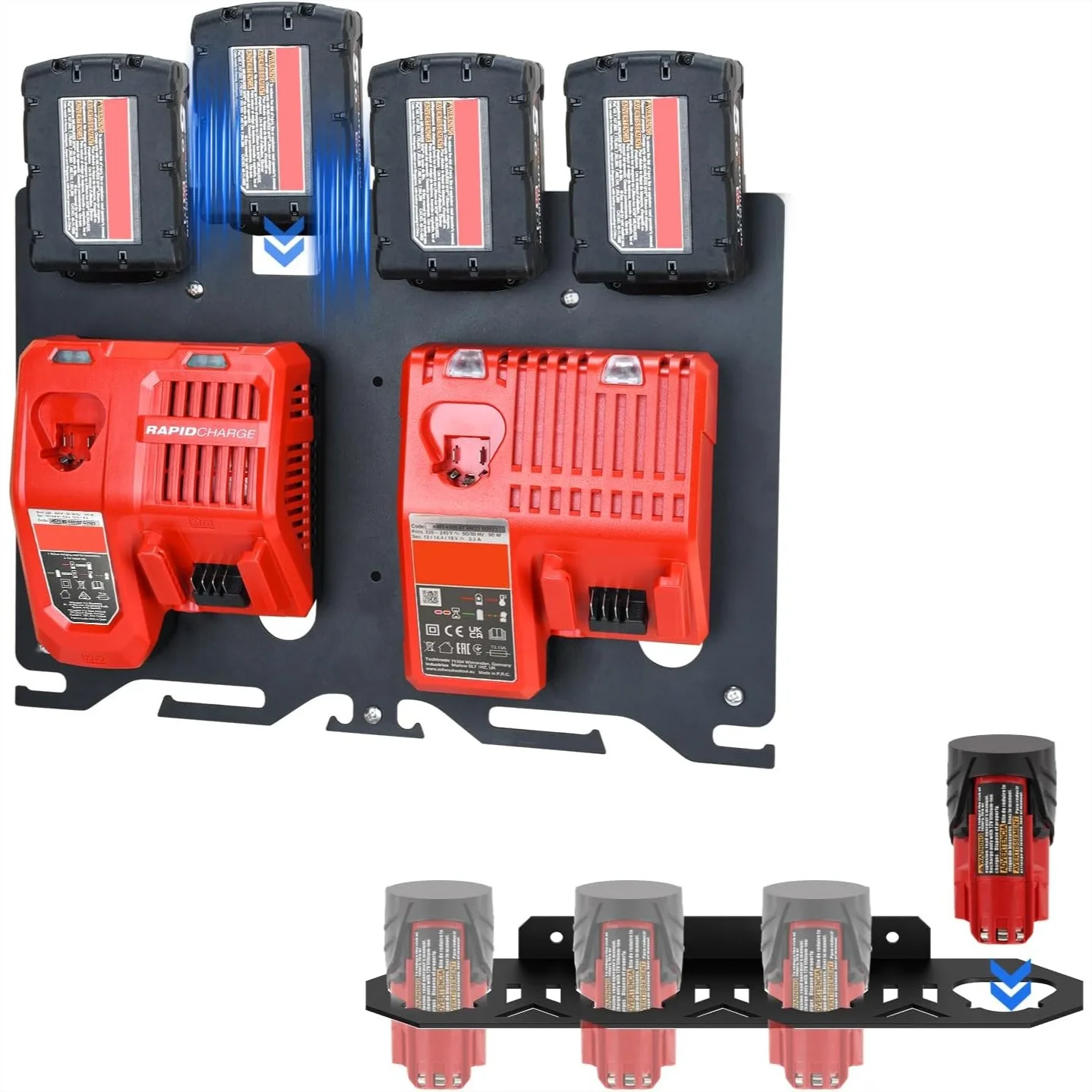 3-in-1 Metal Wall Mount for Milwaukee Charger, Battery and Drill, Holds 4x M12 & 4x M18 Batteries, 2x M12-18C/FC or 1x M18 DFC
3-in-1 Metal Wall Mount for Milwaukee Charger, Battery and Drill, Holds 4x M12 & 4x M18 Batteries, 2x M12-18C/FC or 1x M18 DFC