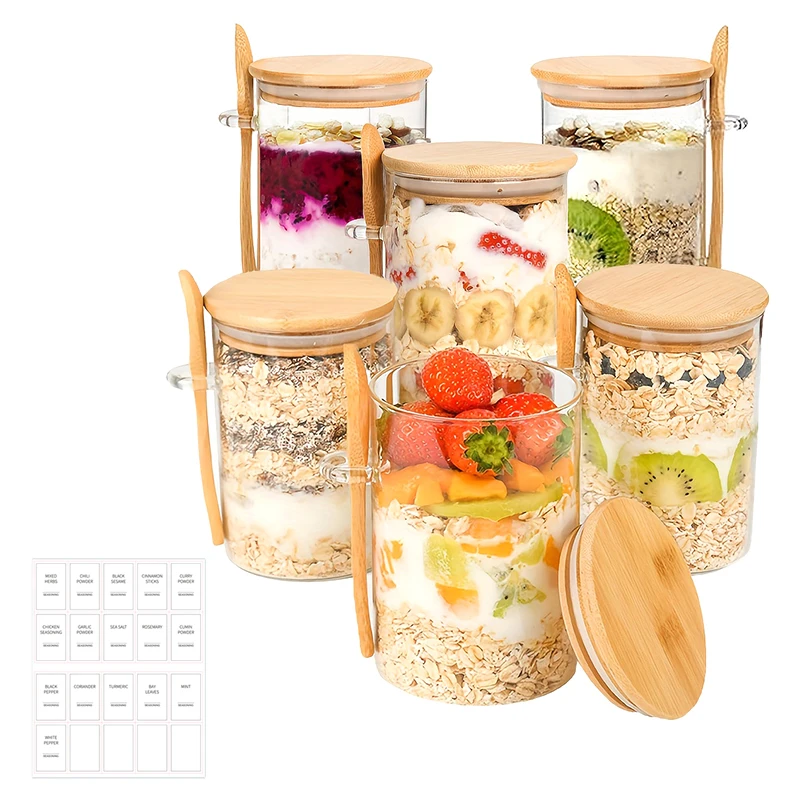 6pcs Glass Jars With Bamboo Lid And Spoon Label Spice Beans Tea Glass Canisters Sealed Yogurt Oatmeal Container Kitchen Supply
6pcs Glass Jars With Bamboo Lid And Spoon Label Spice Beans Tea Glass Canisters Sealed Yogurt Oatmeal Container Kitchen Supply