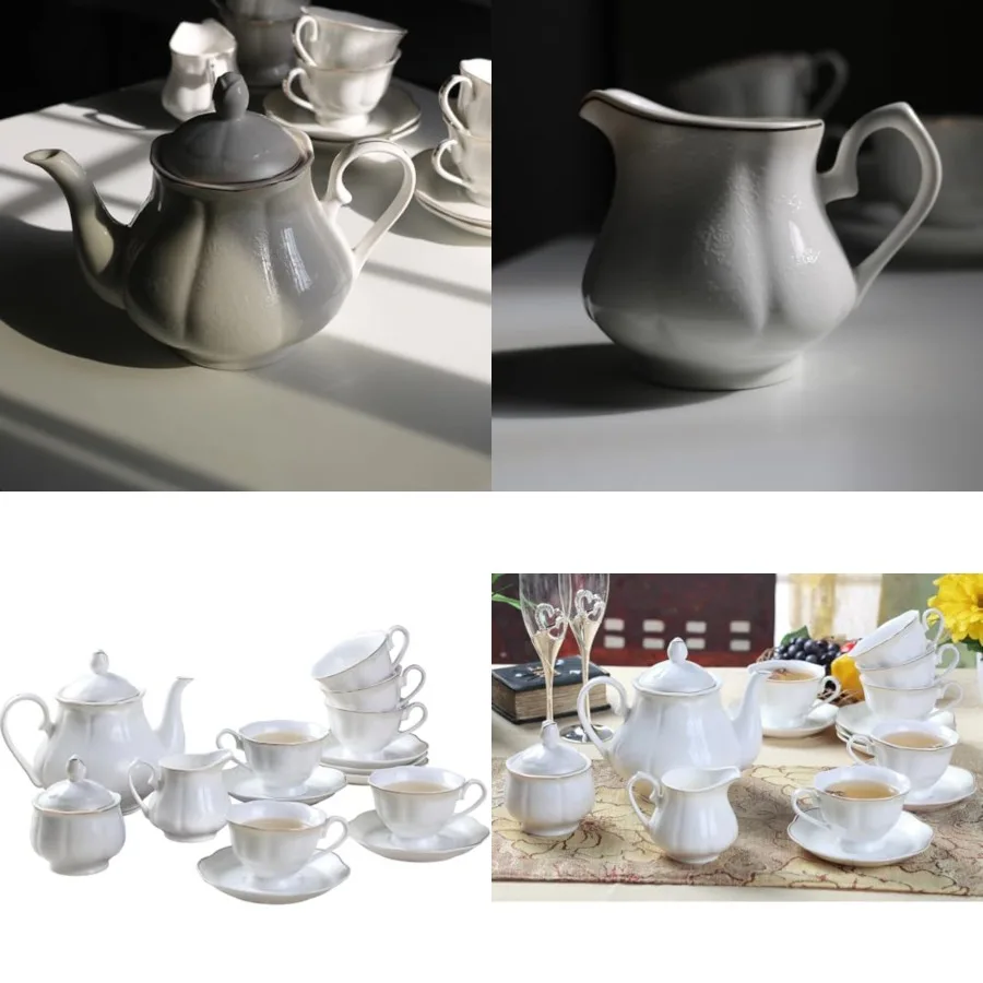 15-pcs Porcelain Tea sets for Adults, Off White Embossed Pattern with Gold Trim A set Included 1 Teapot, 1 Sugar Bowl, 1 Cream
15-pcs Porcelain Tea sets for Adults, Off White Embossed Pattern with Gold Trim A set Included 1 Teapot, 1 Sugar Bowl, 1 Cream