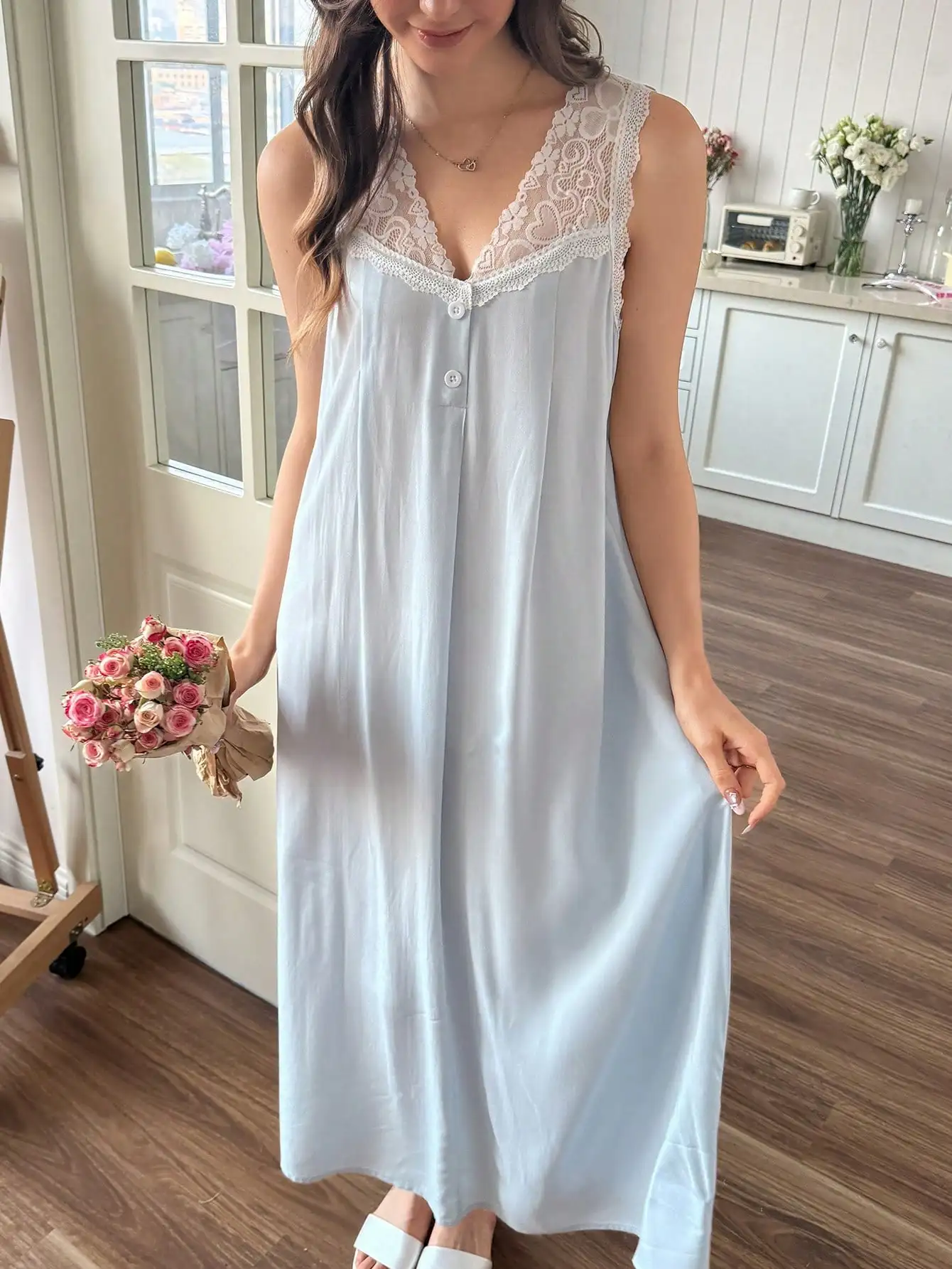 Women's Midi Nightgown Baby Blue Sleeveless V-Neck With Contrast Lace Details Semi-Sheer Woven Fabric Sleep Dress
Women's Midi Nightgown Baby Blue Sleeveless V-Neck With Contrast Lace Details Semi-Sheer Woven Fabric Sleep Dress