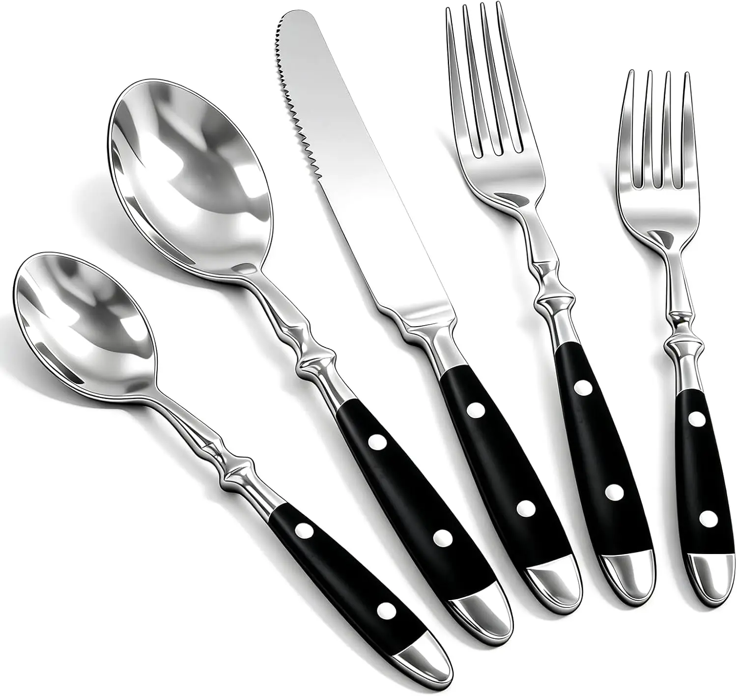 20pcs Black Vintage Flatware Set for 4, Stainless Steel Cutlery with Bakelite Handle, Dishwasher Safe
20pcs Black Vintage Flatware Set for 4, Stainless Steel Cutlery with Bakelite Handle, Dishwasher Safe