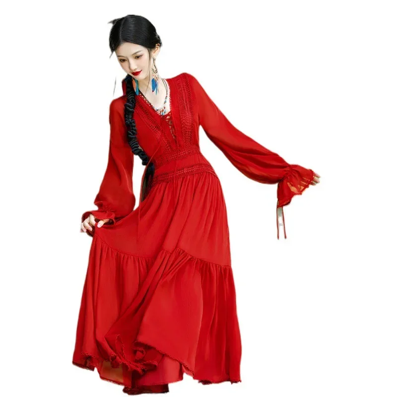 Red ethnic dress, desert skirt exotic, grassland northwest Yunnan travel wear women's clothing
Red ethnic dress, desert skirt exotic, grassland northwest Yunnan travel wear women's clothing