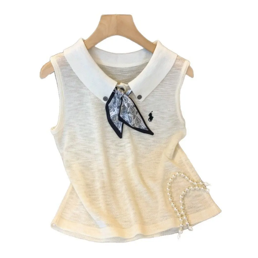 Silk Scarf Polo Collar Embroidered Knitted Vest Sleeveless Thin Knitted Top for Women Summer New Fashion Elegant Versatile
Silk Scarf Polo Collar Embroidered Knitted Vest Sleeveless Thin Knitted Top for Women Summer New Fashion Elegant Versatile