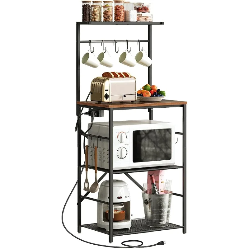 Kitchen Bakers Rack with Power Outlet, 4 Tiers Microwave Oven Stand with Storage, Coffee Bar Table with 9 S-shaped Hooks,
Kitchen Bakers Rack with Power Outlet, 4 Tiers Microwave Oven Stand with Storage, Coffee Bar Table with 9 S-shaped Hooks,