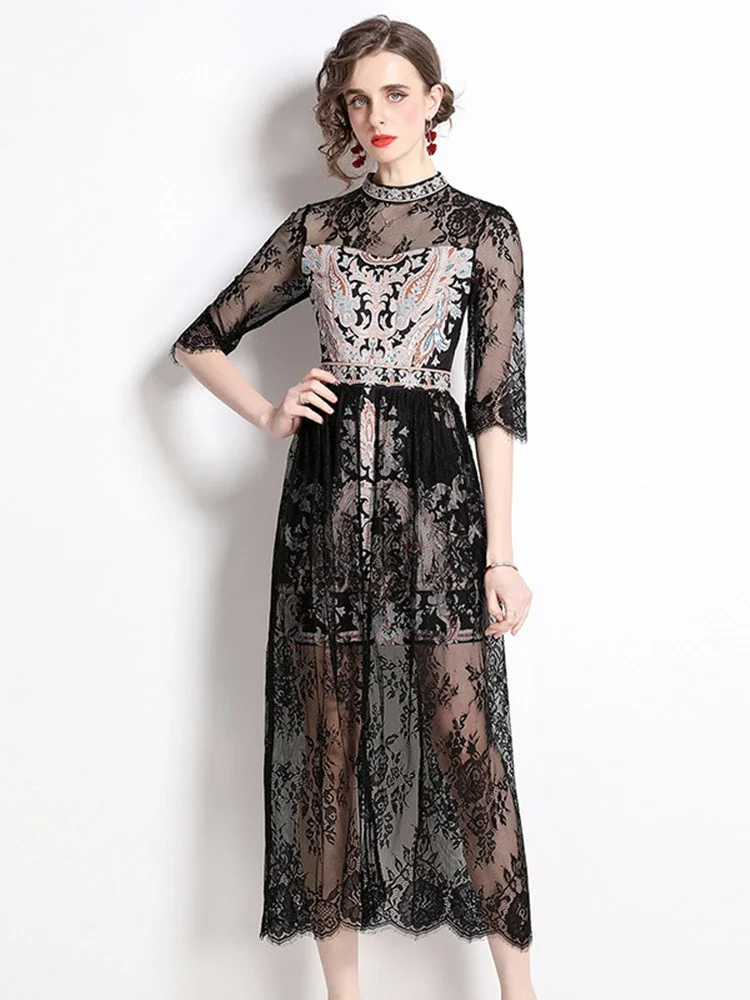 2023 Summer Black Lace Patchwork Flower Print Split Dress Women Clothing Half Sleeve Stand Collar High Waist Party Vestidos
2023 Summer Black Lace Patchwork Flower Print Split Dress Women Clothing Half Sleeve Stand Collar High Waist Party Vestidos