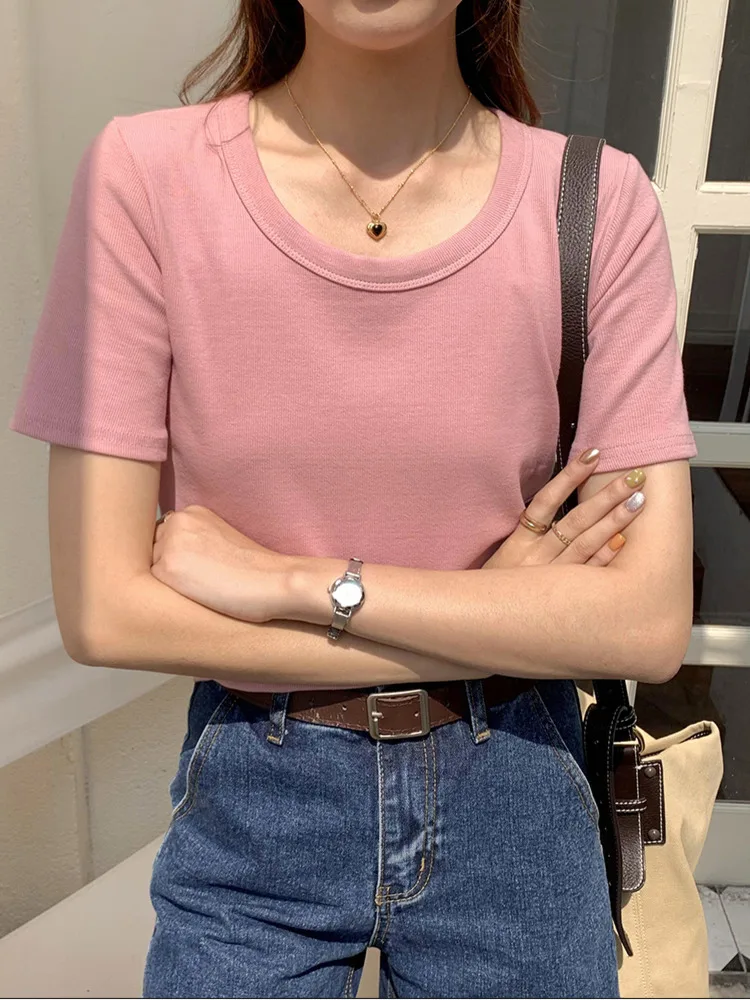 Slim Screw Thread Cotton Basic T-shirt Women Summer Round Neck Short-sleeve Minimalist Style Tees Tops Green 2023 Female Clothes
Slim Screw Thread Cotton Basic T-shirt Women Summer Round Neck Short-sleeve Minimalist Style Tees Tops Green 2023 Female Clothes