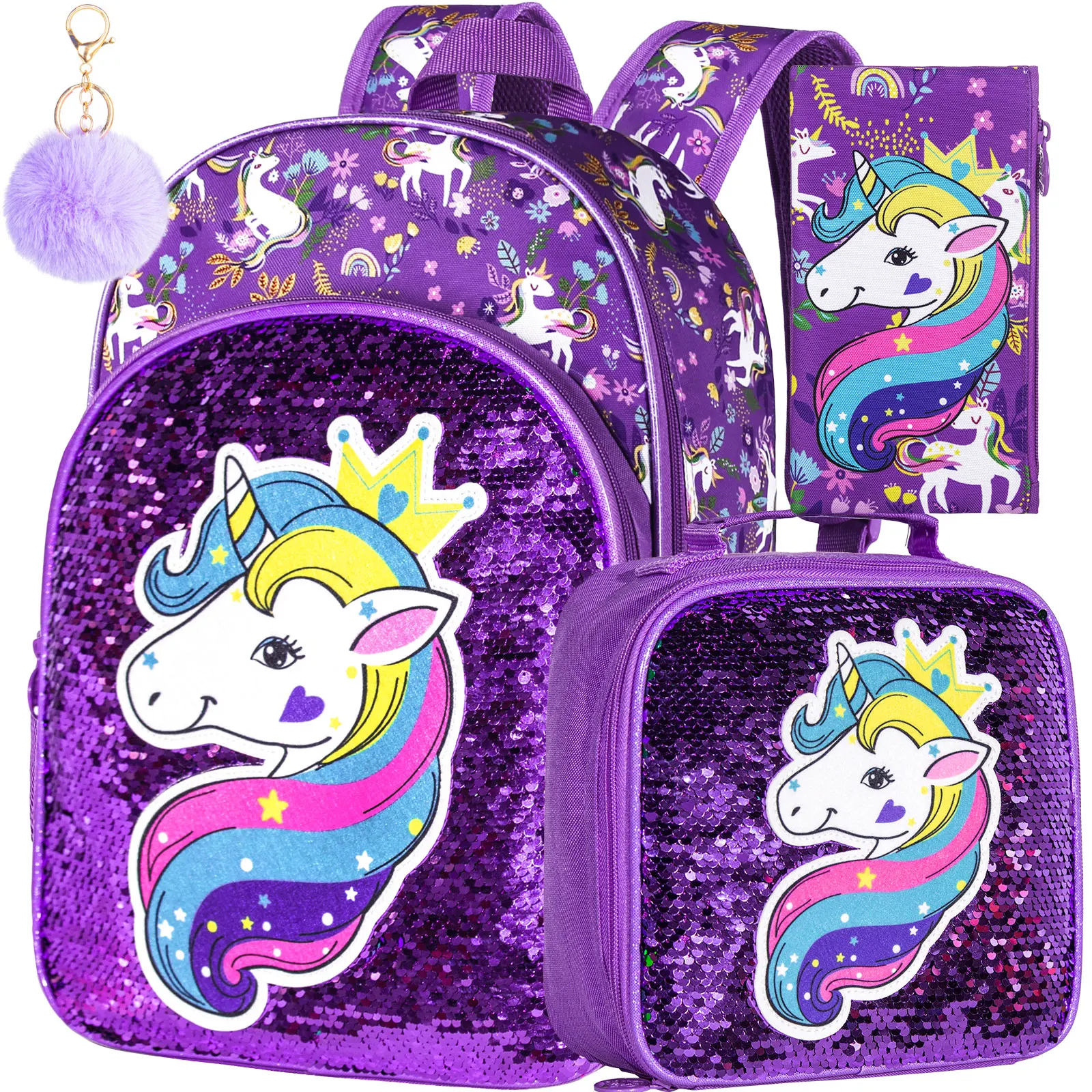 3Pcs Unicorn Sequin School Bag Set for Girls, Purple Backpack Lunch Box and Pencil Pouch
3Pcs Unicorn Sequin School Bag Set for Girls, Purple Backpack Lunch Box and Pencil Pouch