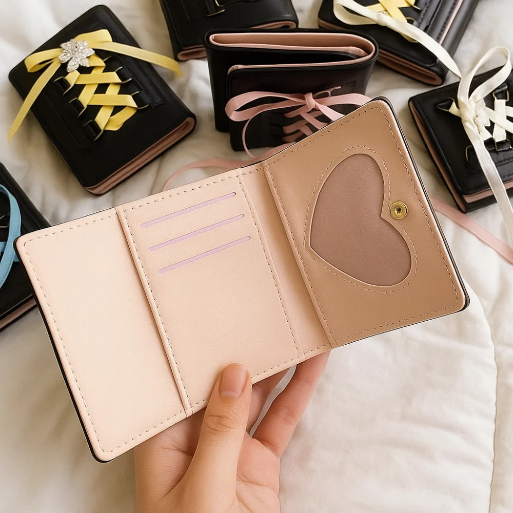 Korean Style Balletcore Three Fold Wallet Silk Ribbon Short Bow Cash Purse Bag Heart Crystal PU Leather
Korean Style Balletcore Three Fold Wallet Silk Ribbon Short Bow Cash Purse Bag Heart Crystal PU Leather