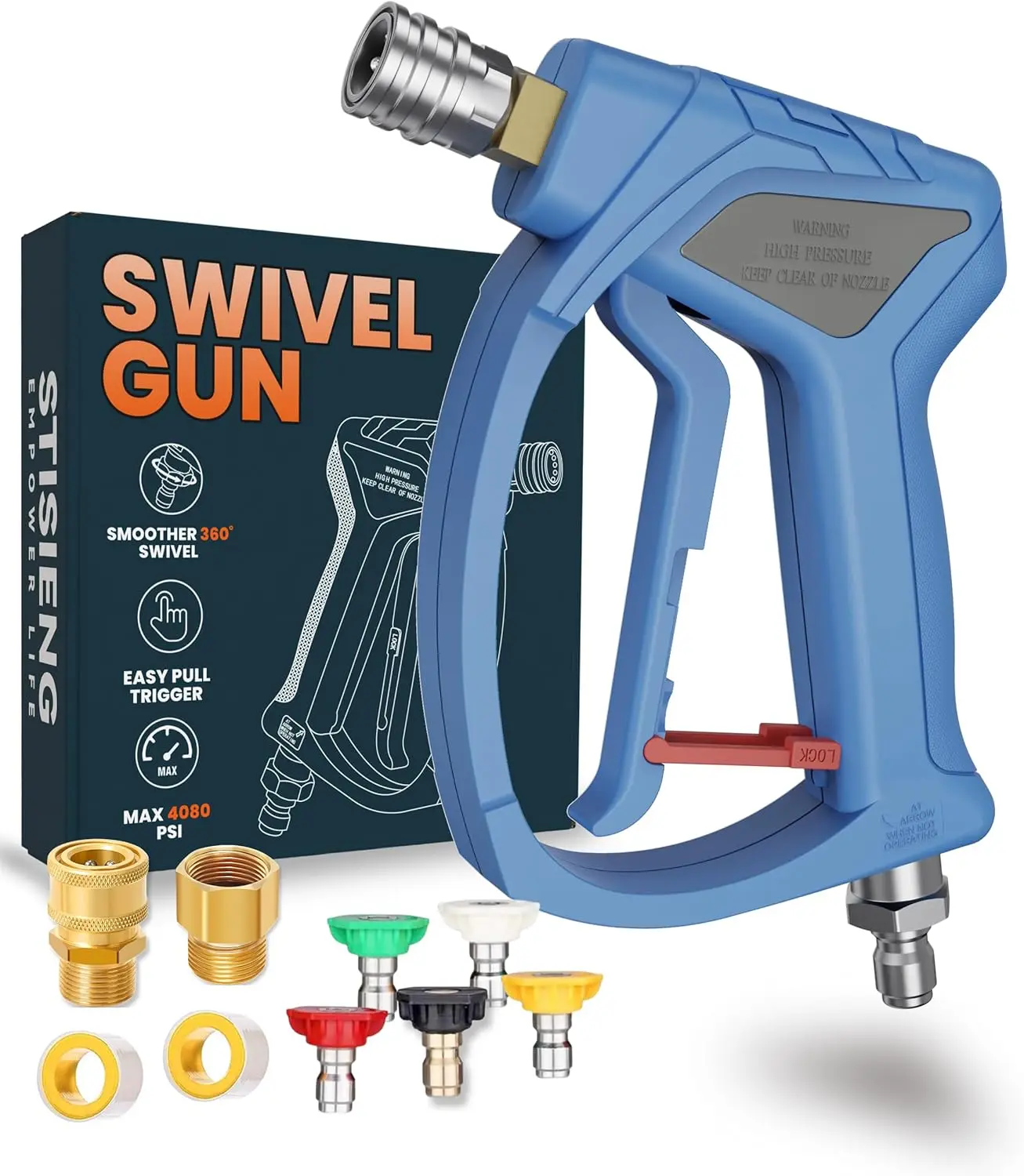 Short Pressure Washer Gun with 360° Swivel, 5 Nozzle Tips, M22-14mm/15mm Adapters, 3/8' QC for Car Wash (Blue)
Short Pressure Washer Gun with 360° Swivel, 5 Nozzle Tips, M22-14mm/15mm Adapters, 3/8' QC for Car Wash (Blue)