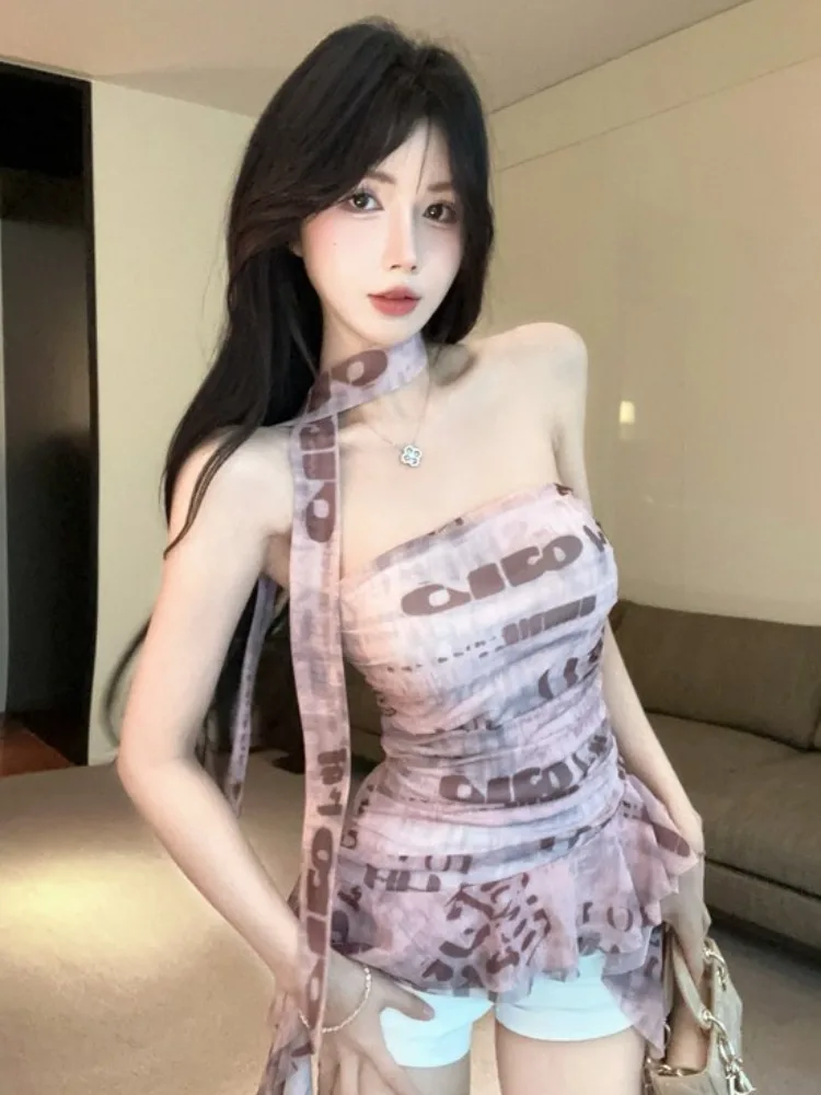 Summer American Style Spicy Girl Tie Dye Mesh Strap Vest Women's One Shoulder Hanging Neck Tube Top Slim Fit Korean Style
Summer American Style Spicy Girl Tie Dye Mesh Strap Vest Women's One Shoulder Hanging Neck Tube Top Slim Fit Korean Style