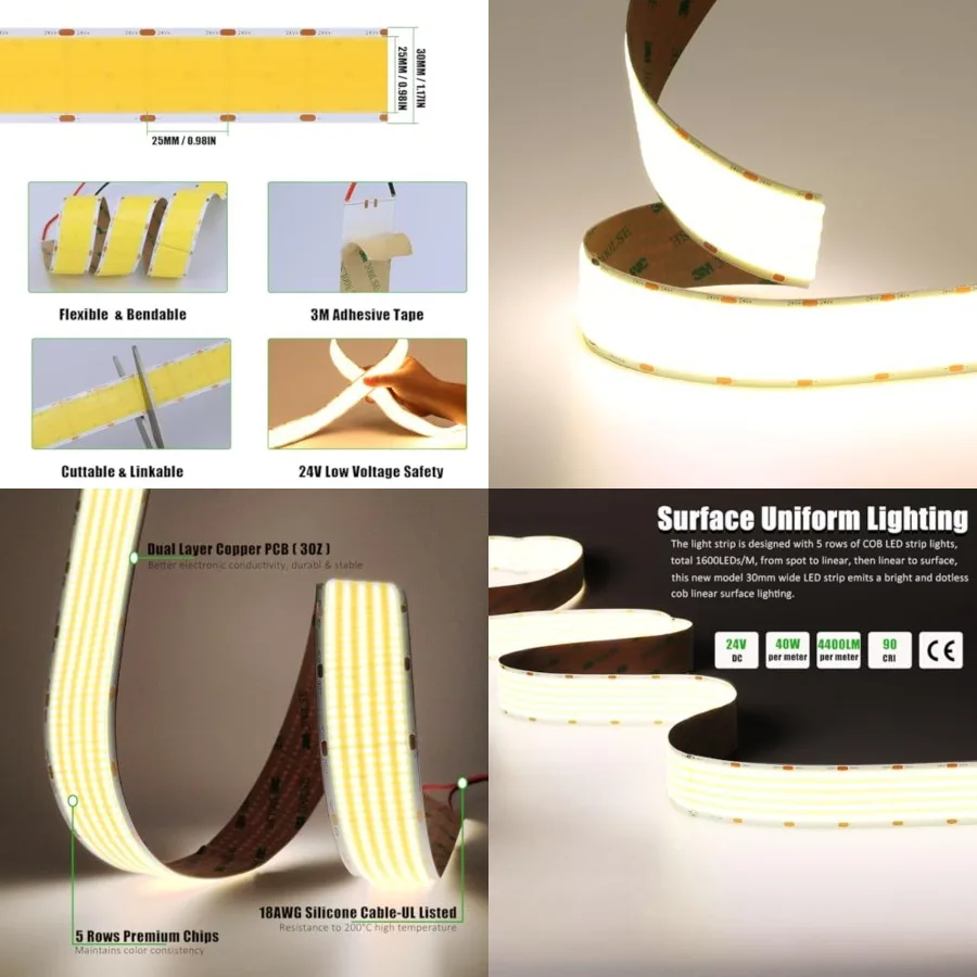 30MM Wide COB LED Strip Lights 24V 16.4FT/5M 8000LEDs 22000LM Ultra Bright, 5 Rows LED Tape Light CRI 90+ 160W Dimmable Indoor
30MM Wide COB LED Strip Lights 24V 16.4FT/5M 8000LEDs 22000LM Ultra Bright, 5 Rows LED Tape Light CRI 90+ 160W Dimmable Indoor