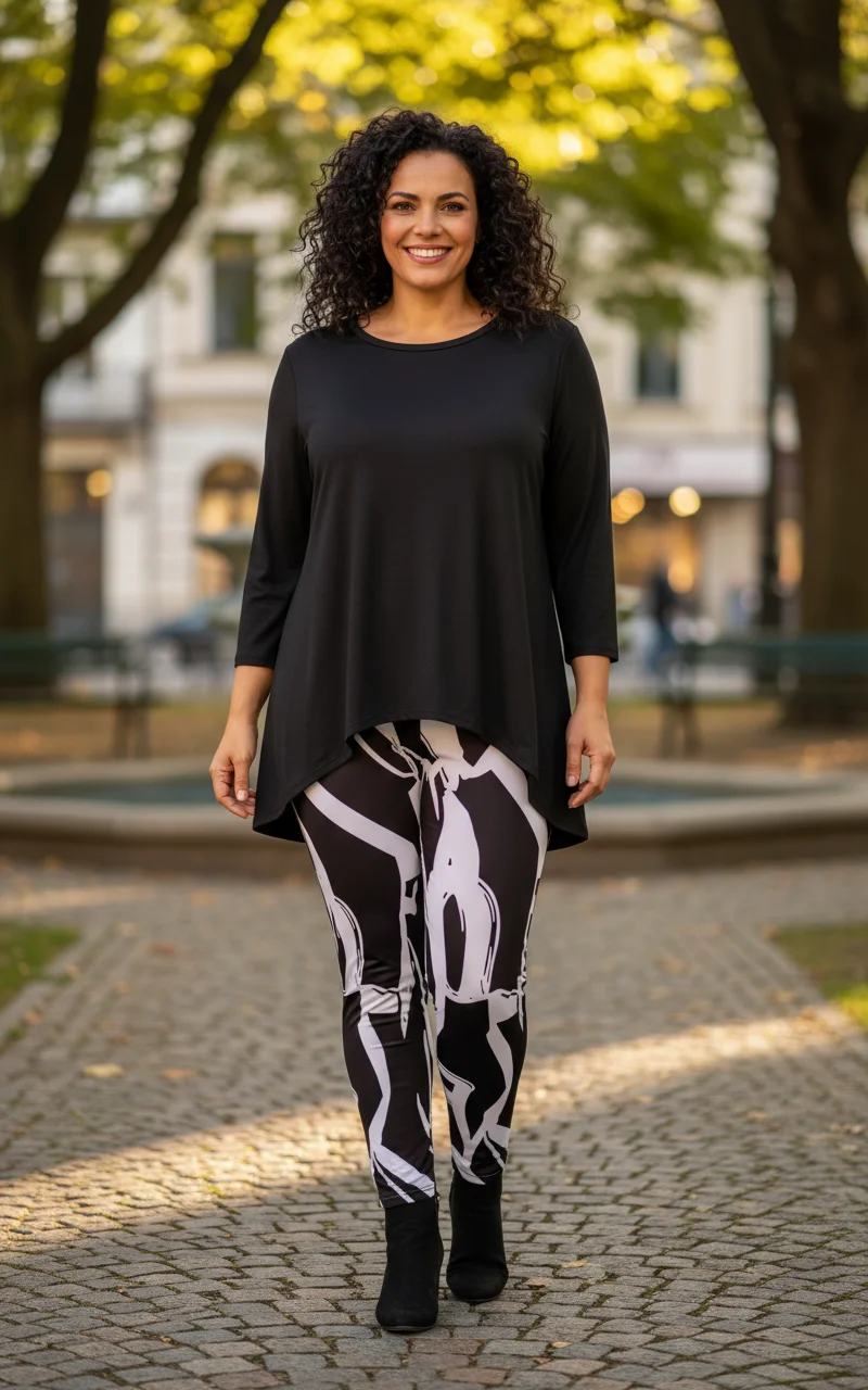 Plus size set black top 3/4 sleeves asymmetric hem printed wide leg pants European and American fashion casual style color bloc
Plus size set black top 3/4 sleeves asymmetric hem printed wide leg pants European and American fashion casual style color bloc