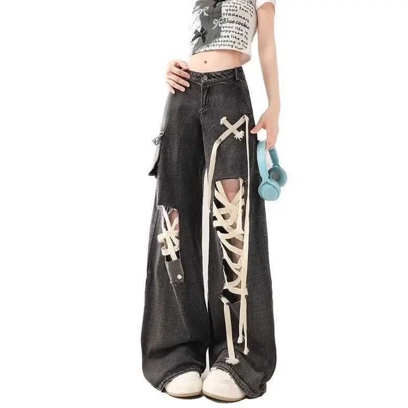 Women's Pants Black Strap Ripped Jeans for Spring and Summer, Niche Straight Leg Loose Fit Slimming Wide Leg Floor Pants
Women's Pants Black Strap Ripped Jeans for Spring and Summer, Niche Straight Leg Loose Fit Slimming Wide Leg Floor Pants