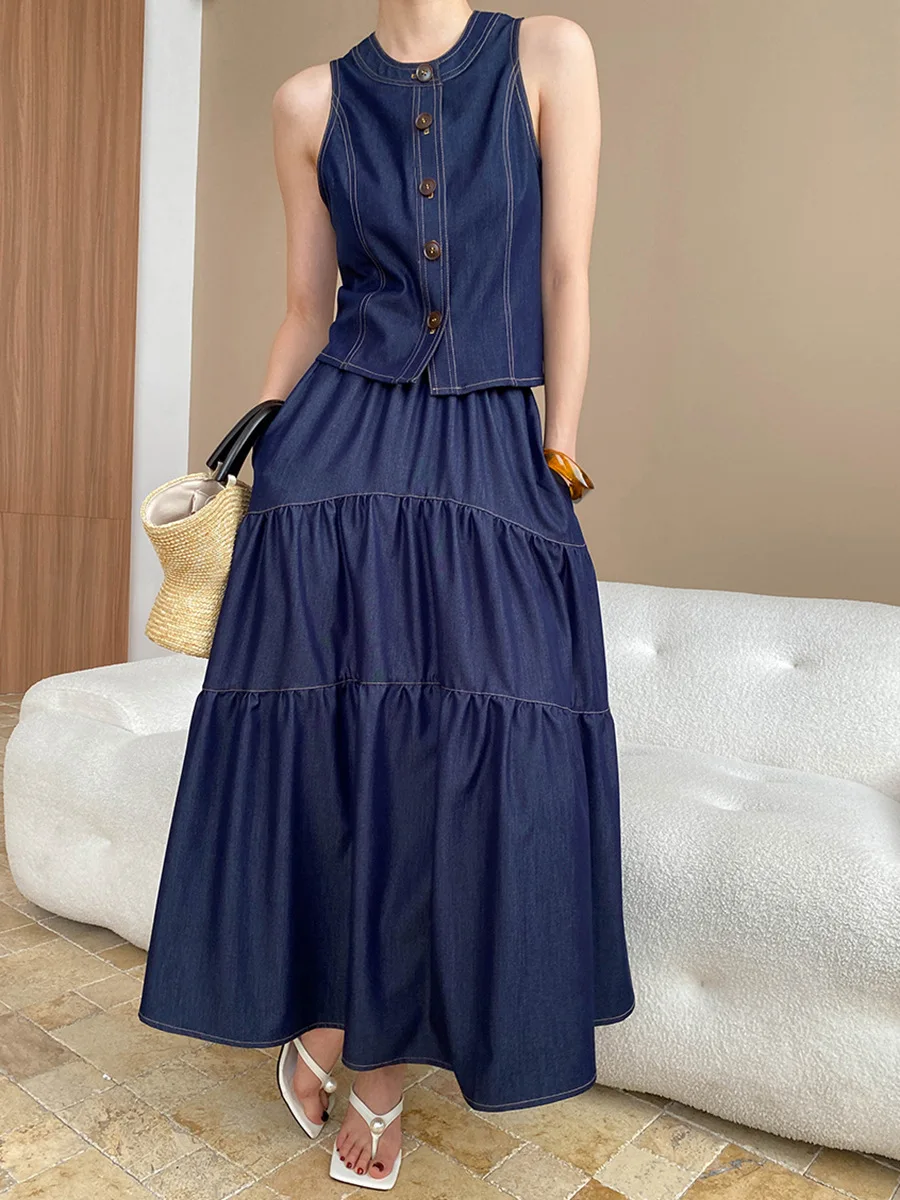 2025 Fashion Street Wear Women's Skirt Set Exposed Outer Seam Design Sleeveless Denim Vest + Skirt 2-Piece Set Casual Outfits
2025 Fashion Street Wear Women's Skirt Set Exposed Outer Seam Design Sleeveless Denim Vest + Skirt 2-Piece Set Casual Outfits