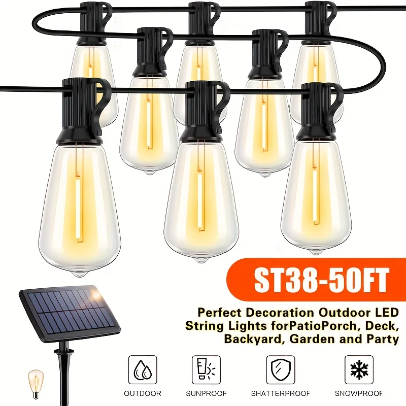 50-Foot Waterproof LED Solar String Lights Featuring 12 Breakable ST38 Bulbs, Offering 4 Modes Including Strong Flicker And Breathing Effects, with a Warm White Color Temperature of 2700K. Rated IP44 for, These Lights Are Perfect for Gardens
50-Foot Waterproof LED Solar String Lights Featuring 12 Breakable ST38 Bulbs, Offering 4 Modes Including Strong Flicker And Breathing Effects, with a Warm White Color Temperature of 2700K. Rated IP44 for, These Lights Are Perfect for Gardens