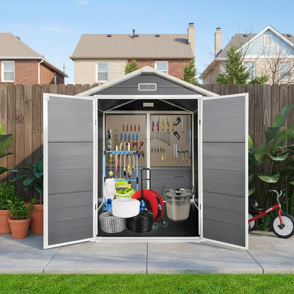 6x6 Ft Plastic Outdoor Storage with Floor and Lockable Door Plastic Garden Shed for Backyard, Lawn, Gray
6x6 Ft Plastic Outdoor Storage with Floor and Lockable Door Plastic Garden Shed for Backyard, Lawn, Gray
