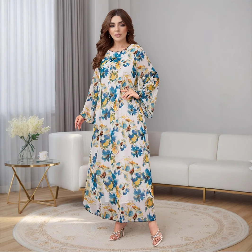 Muslim Fashion Dress Middle East Women's Abaya Dress Long Gown Fashion Beaded Chiffon Printed Loose Flared Sleeve Dresses
Muslim Fashion Dress Middle East Women's Abaya Dress Long Gown Fashion Beaded Chiffon Printed Loose Flared Sleeve Dresses