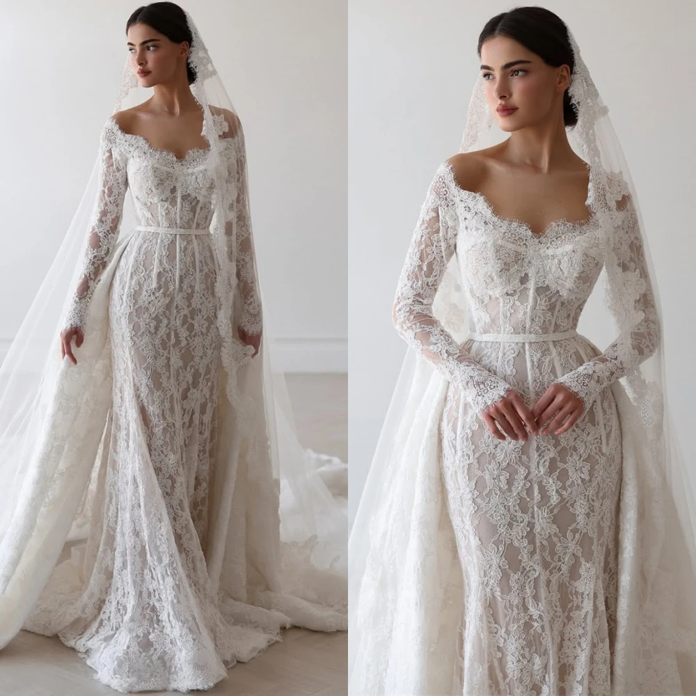 Customized Charming White Lace Bridal Gown Formal Boat Neck Long Sleeves Wedding Dress Dreamy Mermaid Court Train Robe de mariée 
Customized Charming White Lace Bridal Gown Formal Boat Neck Long Sleeves Wedding Dress Dreamy Mermaid Court Train Robe de mariée