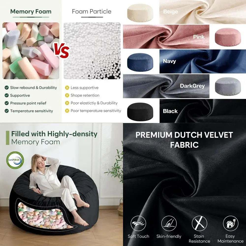 3-Foot Adult Memory Foam Bean Bag Chair with Dutch Velvet Fabric and Included Filling, Black
3-Foot Adult Memory Foam Bean Bag Chair with Dutch Velvet Fabric and Included Filling, Black