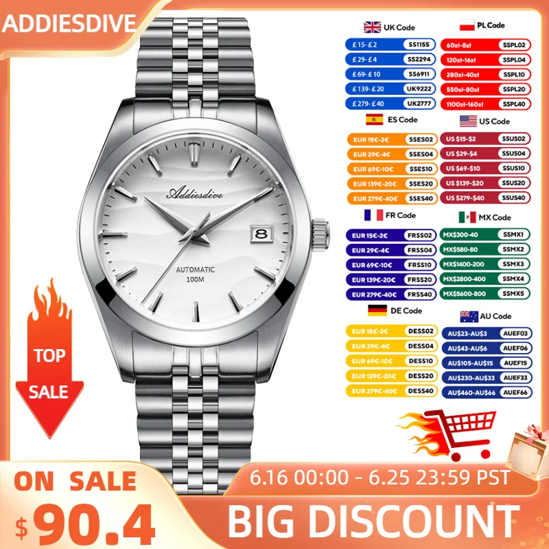 ADDIESDIVE Watch Sapphire NH35 Automatic Mechanical Wristwatch Waterproof 100m Diving Stainless Steel 39mm Dress Watch For Men
ADDIESDIVE Watch Sapphire NH35 Automatic Mechanical Wristwatch Waterproof 100m Diving Stainless Steel 39mm Dress Watch For Men