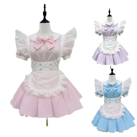 アニメガールズ キュートコスプレ ピンク ブルー パープル グリーン メイド衣装 ロリータドレス ウェイトレスコスチューム コミコン ドレスアップ 半袖