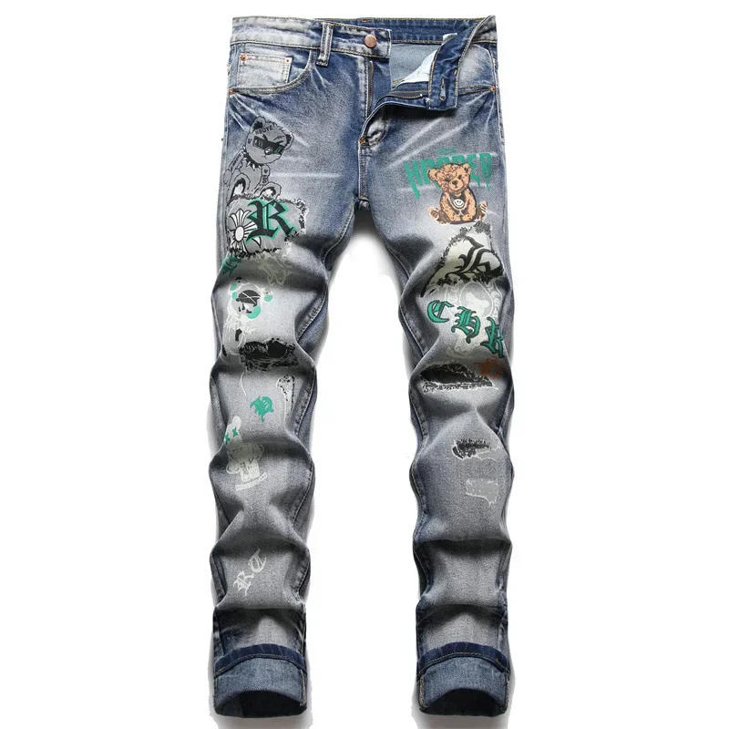 Hip Hop Letter Cartoon Print Men's Slim Jeans Light Blue Washed Skinny Denim Trousers Male Casual Stretch Cotton Jeans Trousers
Hip Hop Letter Cartoon Print Men's Slim Jeans Light Blue Washed Skinny Denim Trousers Male Casual Stretch Cotton Jeans Trousers