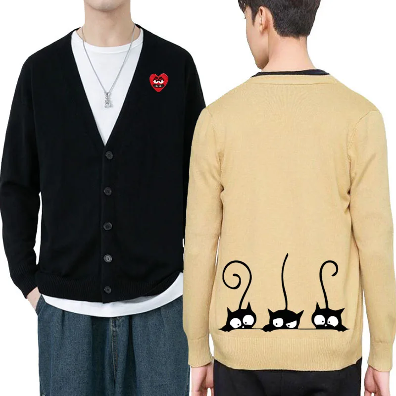 Black Mischievous Kitten Print Men Cardigan Cotton Snag Heart Embroidery V-Neck Single Breasted Long Sleeves Autumn Fit Sweater
Black Mischievous Kitten Print Men Cardigan Cotton Snag Heart Embroidery V-Neck Single Breasted Long Sleeves Autumn Fit Sweater