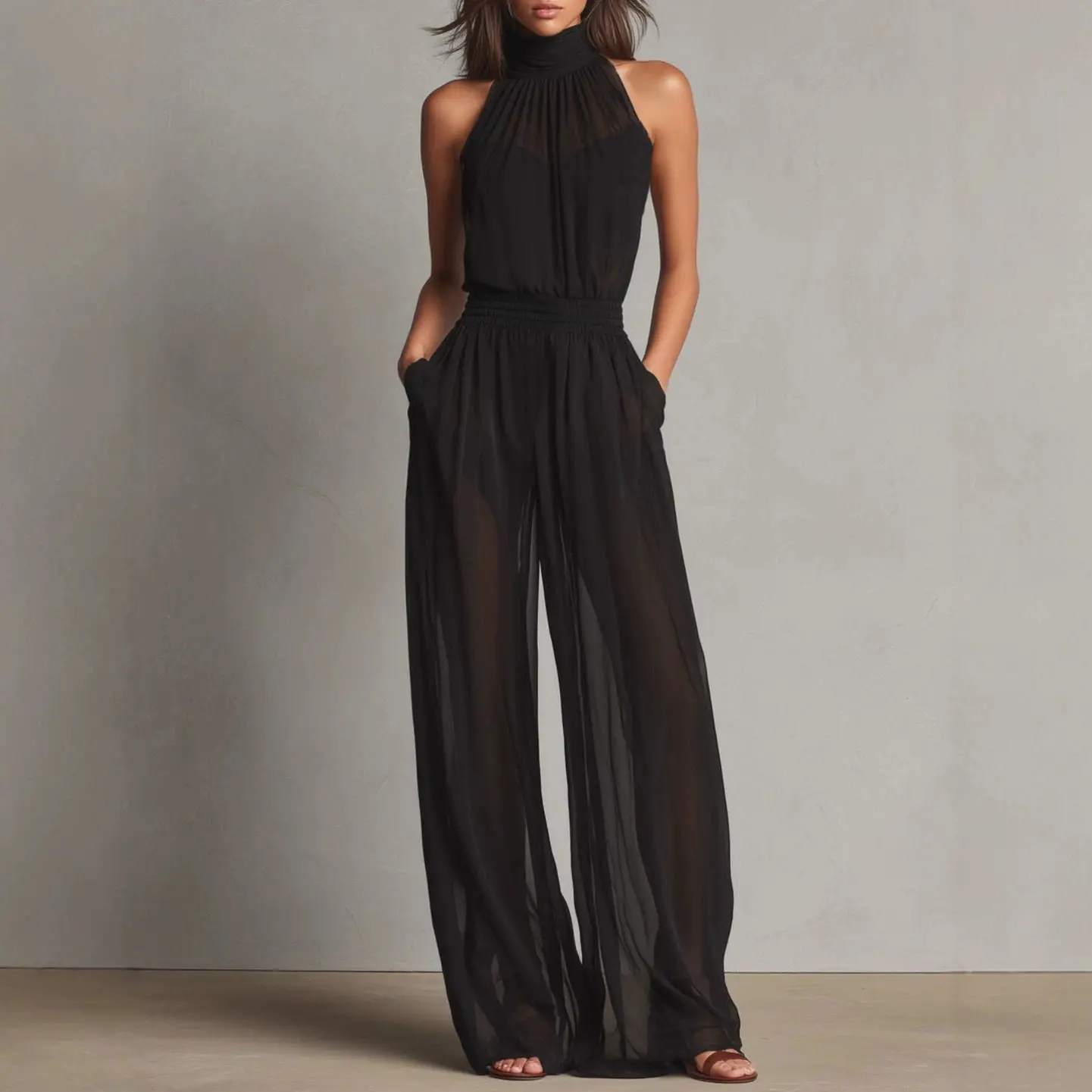 Women Elegant Sleeveless Halter Neck Jumpsuit High Waist Sheer Wide Leg One Piece Overalls Holiday Casual Streetwear Rompers
Women Elegant Sleeveless Halter Neck Jumpsuit High Waist Sheer Wide Leg One Piece Overalls Holiday Casual Streetwear Rompers