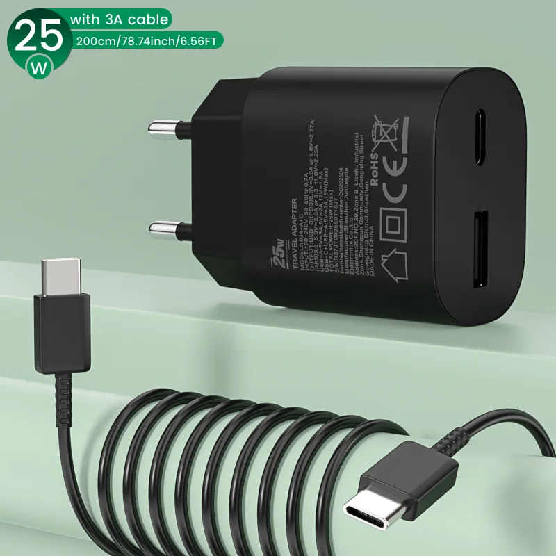 Двухпортовое зарядное устройство USB-C мощностью 25 Вт, совместимое с быстрой зарядкой Samsung, в комплекте с комплектом кабелей для передачи данных USB-C длиной 2 м. Быстрое зарядное устройство 25 Вт.
Двухпортовое зарядное устройство USB-C мощностью 25 Вт, совместимое с быстрой зарядкой Samsung, в комплекте с комплектом кабелей для передачи данных USB-C длиной 2 м. Быстрое зарядное устройство 25 Вт.