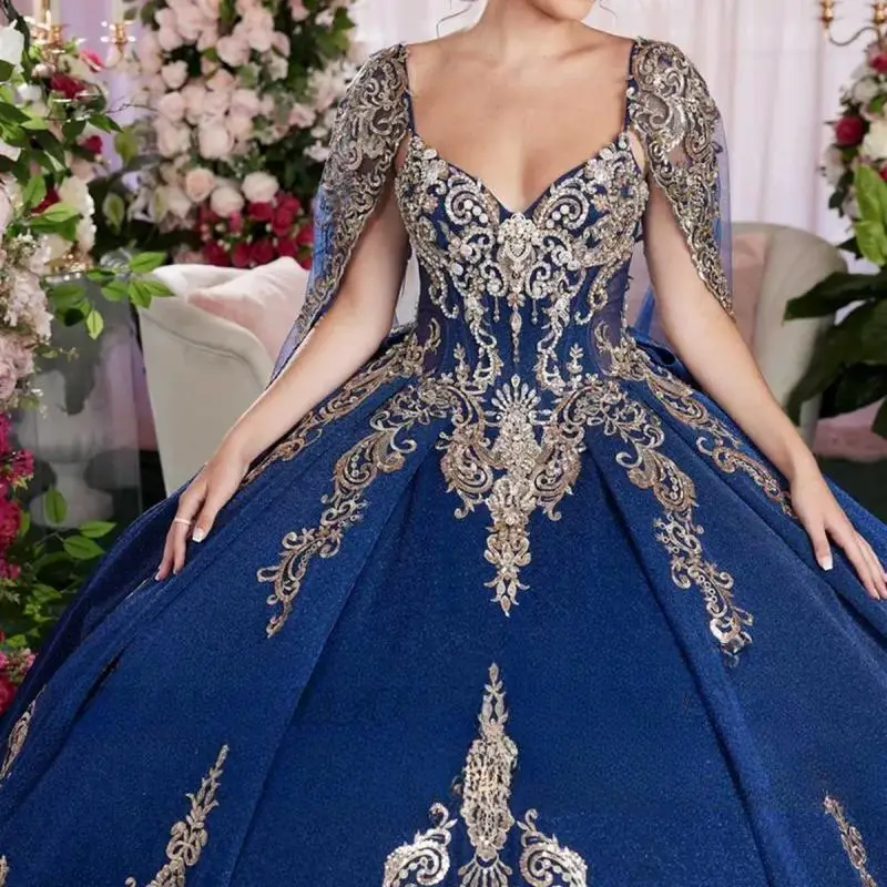 Customized legant Navy Blue v neck Quinceanera Dresses Tull Crystal and sequin Applique Detachable bow and cloak vestidos
Customized legant Navy Blue v neck Quinceanera Dresses Tull Crystal and sequin Applique Detachable bow and cloak vestidos