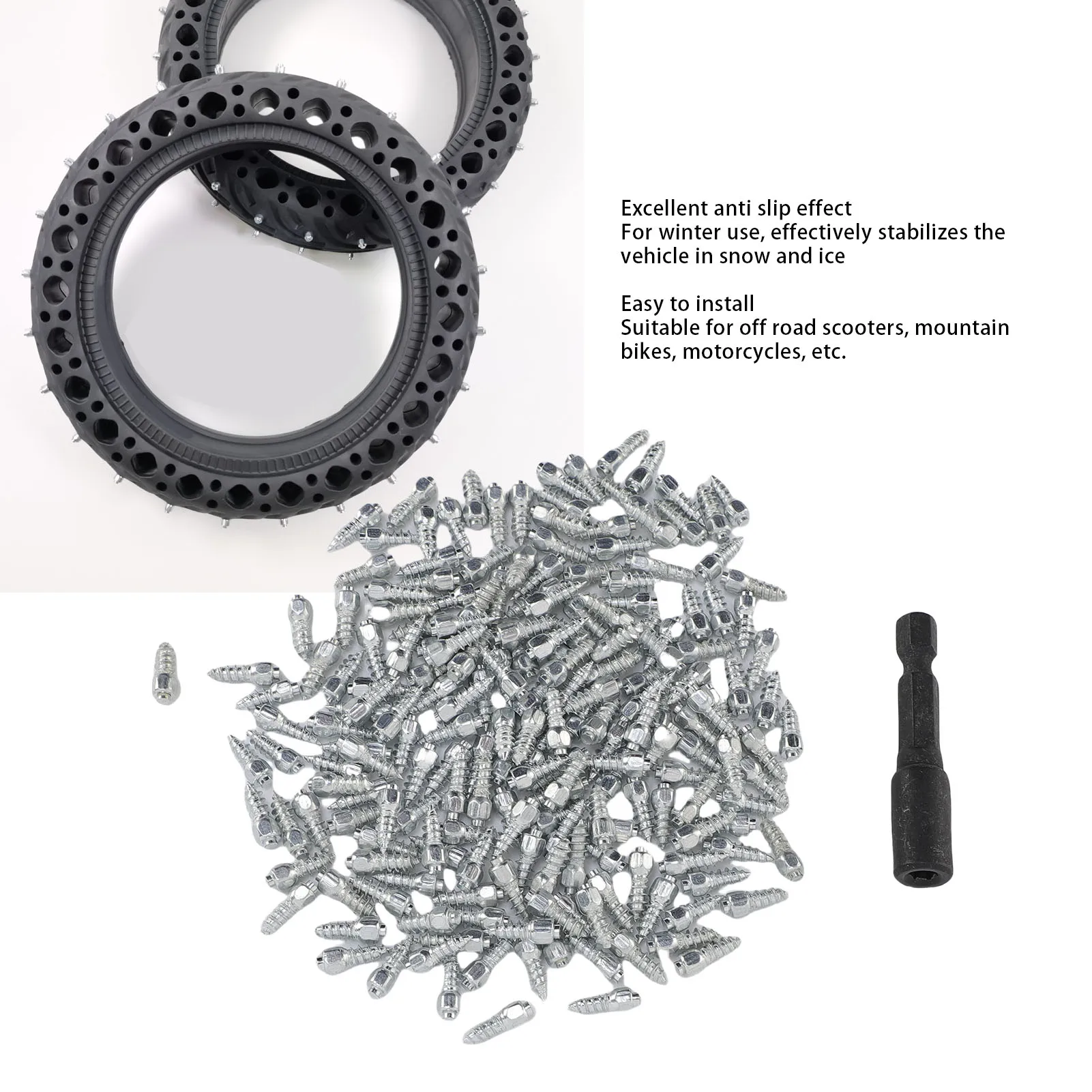 Screw in Tire Studs Anti Ice Tire Spikes Anti Slip Steel Anti Abrasive with Installation Tool for Mountain Bikes
Screw in Tire Studs Anti Ice Tire Spikes Anti Slip Steel Anti Abrasive with Installation Tool for Mountain Bikes