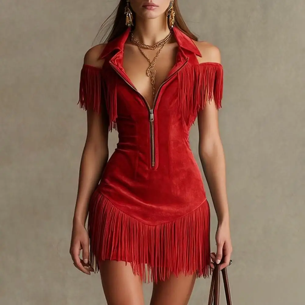 Women's Faux Suede Fringe Western Cowgirl Dress, Cold Shoulder Lapel Half Zip Up Short Dress, Vintage Boho Bodycon Mini Dress
Women's Faux Suede Fringe Western Cowgirl Dress, Cold Shoulder Lapel Half Zip Up Short Dress, Vintage Boho Bodycon Mini Dress