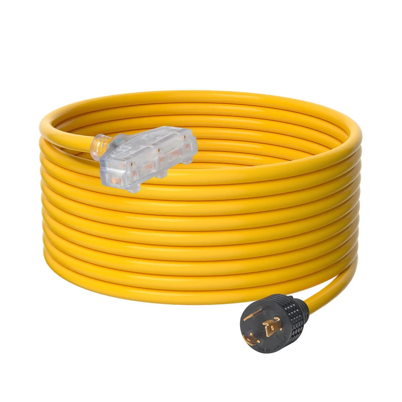 25ft 30-amp generator cord 125V/375W with NEMA L5-30P plug three 5-15R outlets. Heavy-duty, twist-lock design for outdoor use."
25ft 30-amp generator cord 125V/375W with NEMA L5-30P plug three 5-15R outlets. Heavy-duty, twist-lock design for outdoor use."