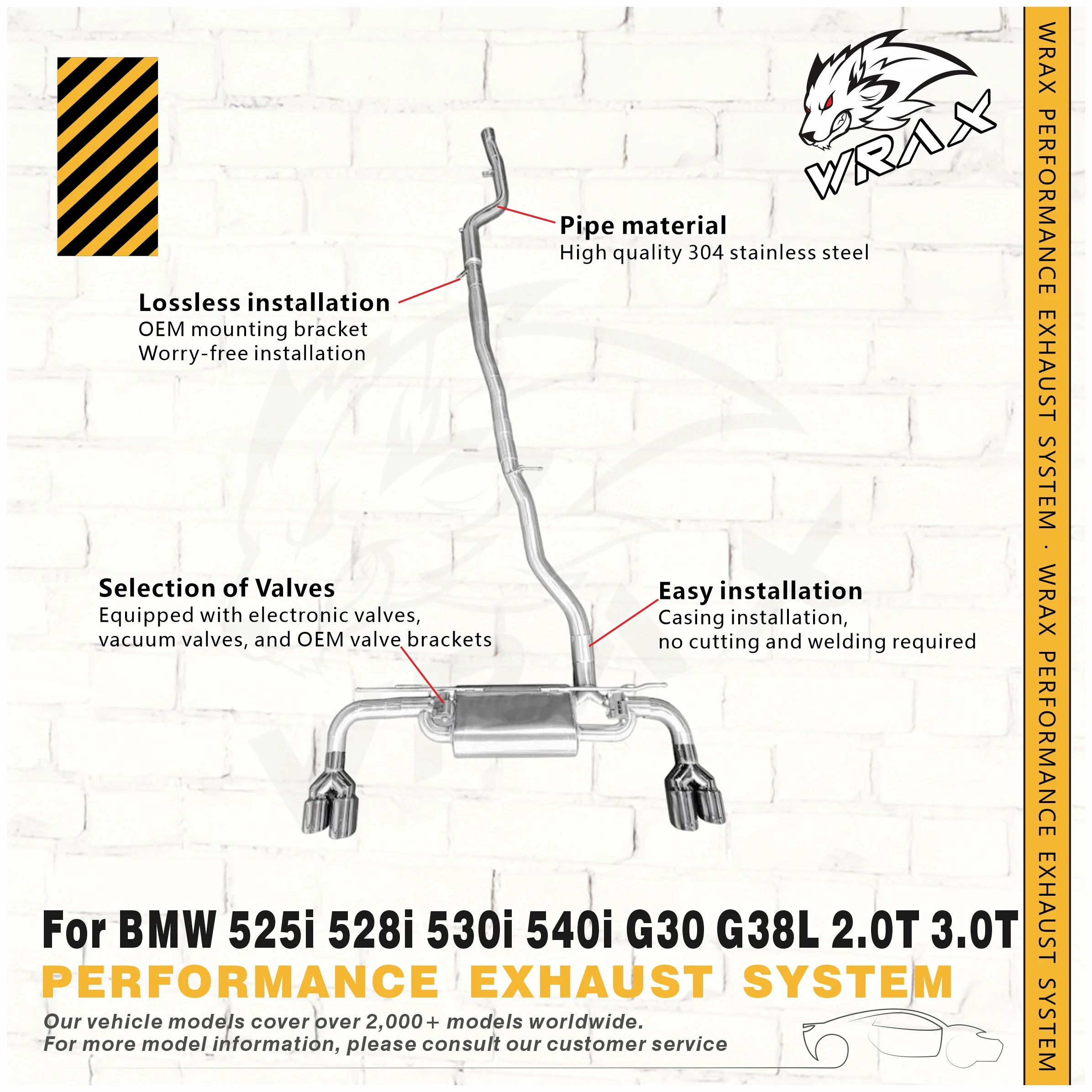 WRAX Catback with Optional Valve for BMW 525i 528i 530i 540i G30 G38L 2.0T 3.0T Performance SS304 Exhaust with Muffler
WRAX Catback with Optional Valve for BMW 525i 528i 530i 540i G30 G38L 2.0T 3.0T Performance SS304 Exhaust with Muffler
