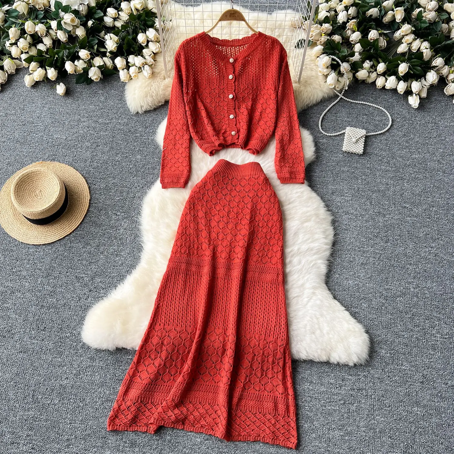 Two Piece Sets Women Skirt Set V Neck Matching Sets Single Breasted Coats Hollow Out Long Skirts A Line High Waist Dress Sets
Two Piece Sets Women Skirt Set V Neck Matching Sets Single Breasted Coats Hollow Out Long Skirts A Line High Waist Dress Sets