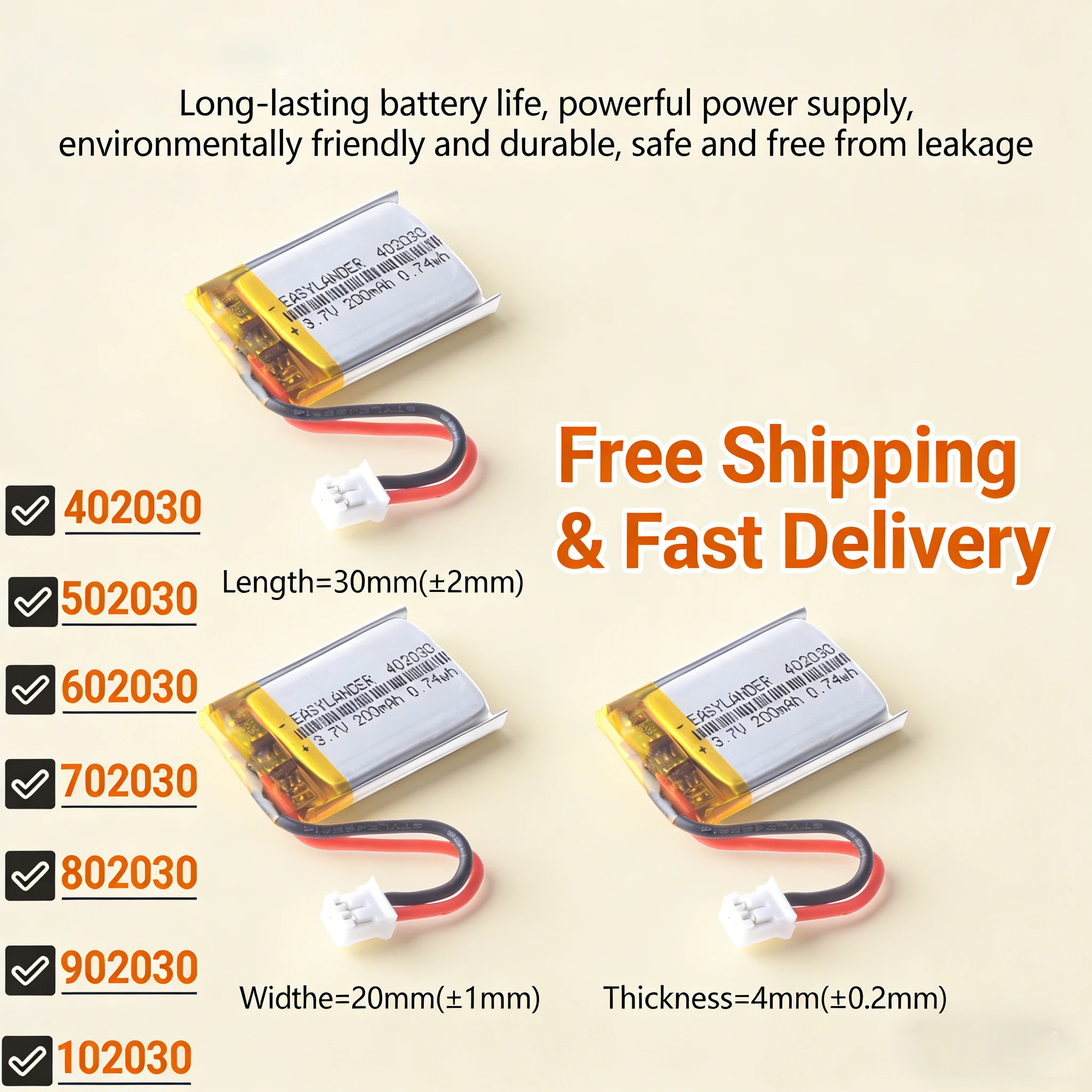 3.7V 200mAh 402030 Rechargeable Li-Po Battery with JST 2.0 2P Plug for TWS Bluetooth Headset Smart Watch LED Light
3.7V 200mAh 402030 Rechargeable Li-Po Battery with JST 2.0 2P Plug for TWS Bluetooth Headset Smart Watch LED Light