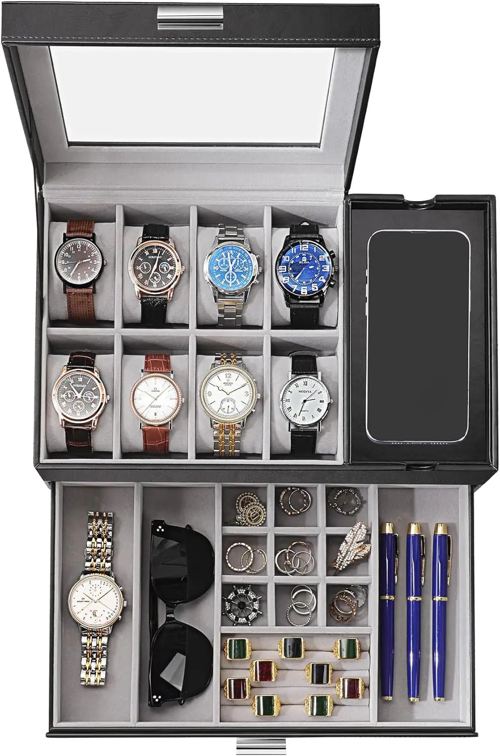 Watch Box for Men, 8 Slot Watch Case with Glass Lid, Large Watch Storage Organizer for Watches and Sunglasses, PU Leather Black
Watch Box for Men, 8 Slot Watch Case with Glass Lid, Large Watch Storage Organizer for Watches and Sunglasses, PU Leather Black