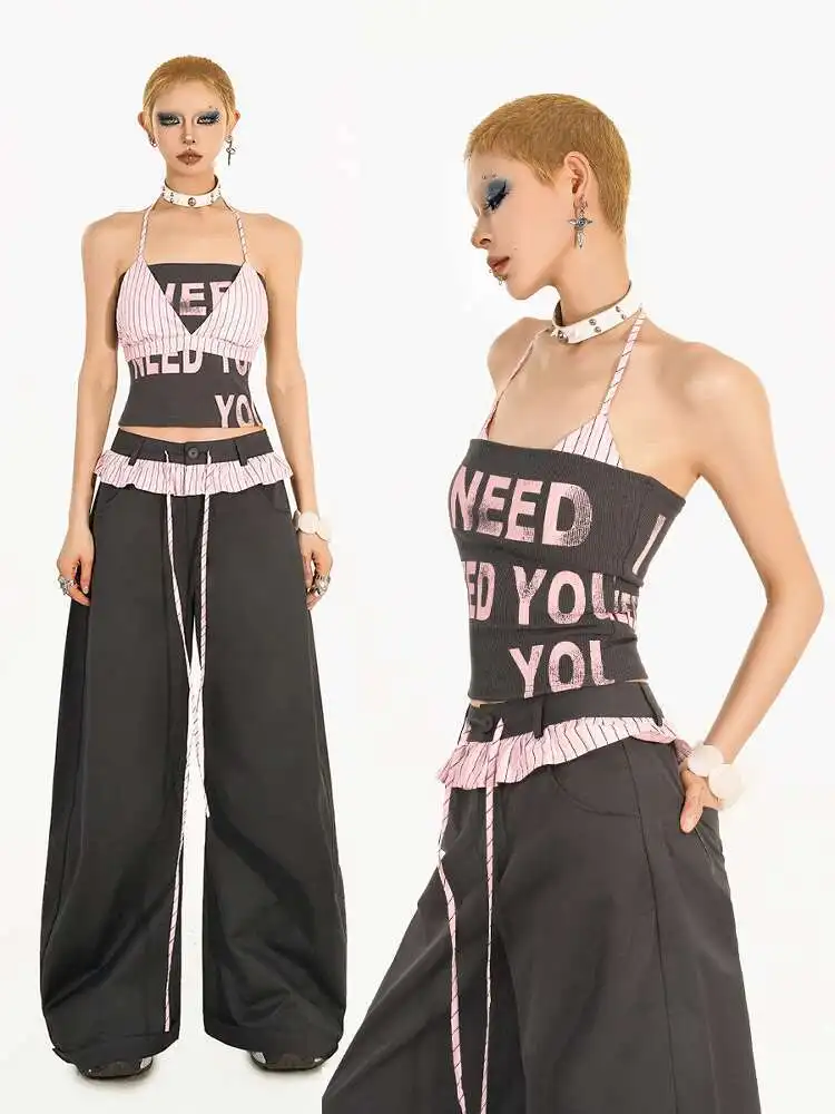American Style Hottie Two-piece Set Letter Tube Top Halter Stripe Vest Tops Female Women Pants Pink Black
American Style Hottie Two-piece Set Letter Tube Top Halter Stripe Vest Tops Female Women Pants Pink Black