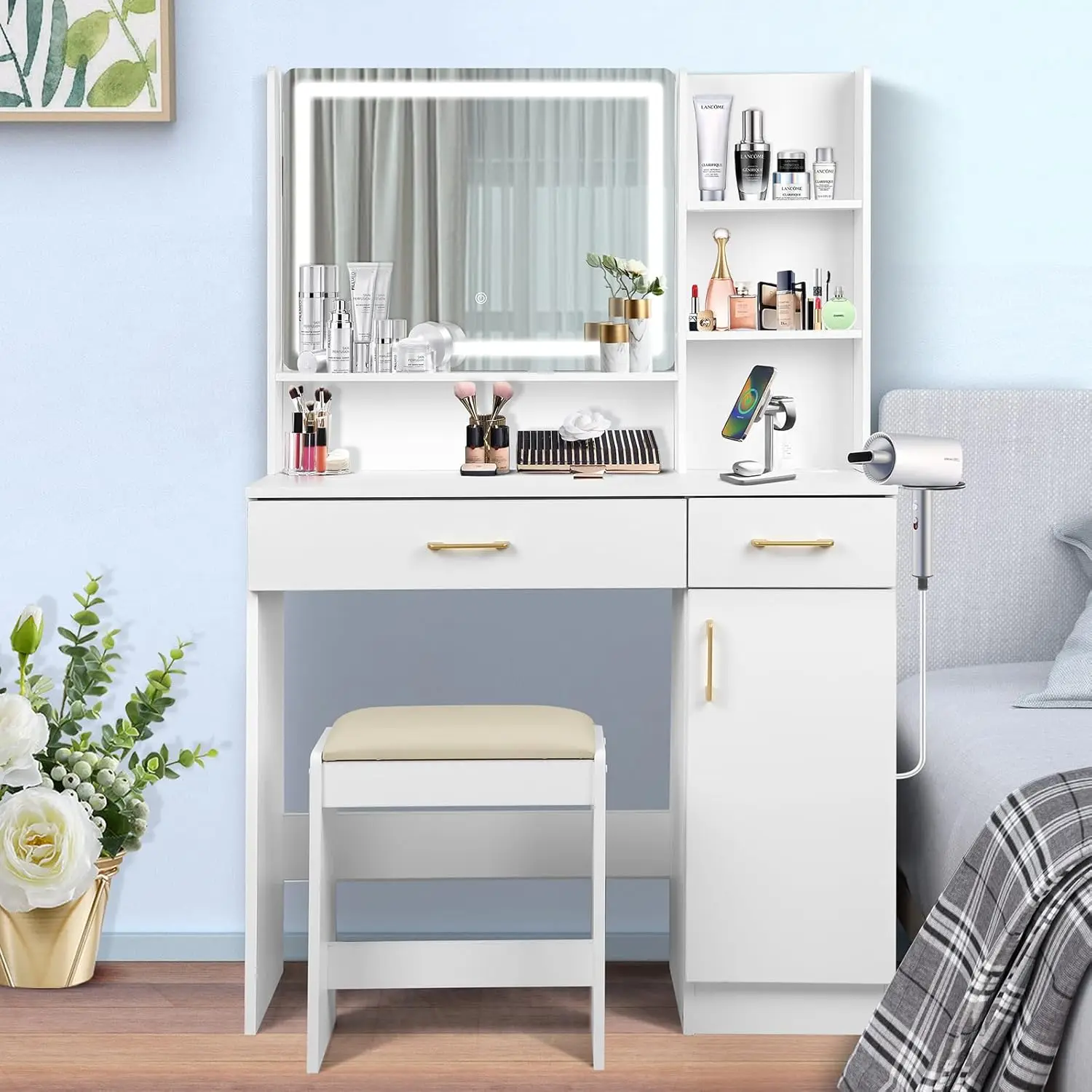 Widescreen LED Mirror Vanity Set with Stool, Makeup Desk Featuring Power Outlet, Drawers & Shelves for Organized Beauty Space
Widescreen LED Mirror Vanity Set with Stool, Makeup Desk Featuring Power Outlet, Drawers & Shelves for Organized Beauty Space