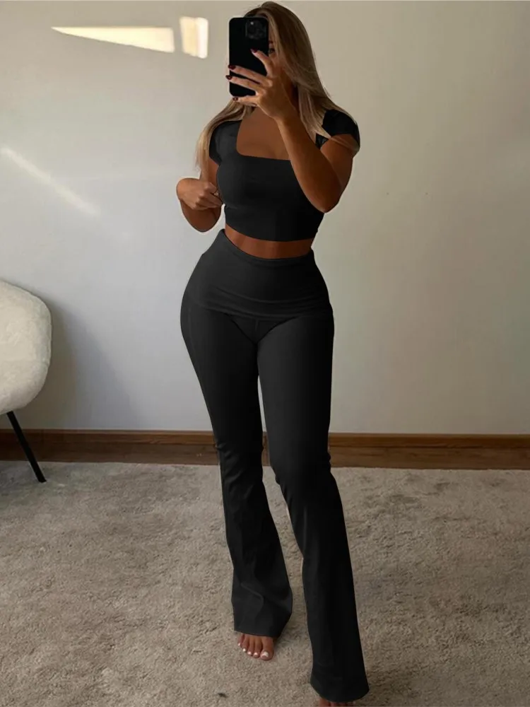 Women's Casual 2 Pieces Pants Set Tracksuit Solid Short Sleeve Crop Tops+flare Pants Skinny Elastic Matching Streetwear Outfits
Women's Casual 2 Pieces Pants Set Tracksuit Solid Short Sleeve Crop Tops+flare Pants Skinny Elastic Matching Streetwear Outfits