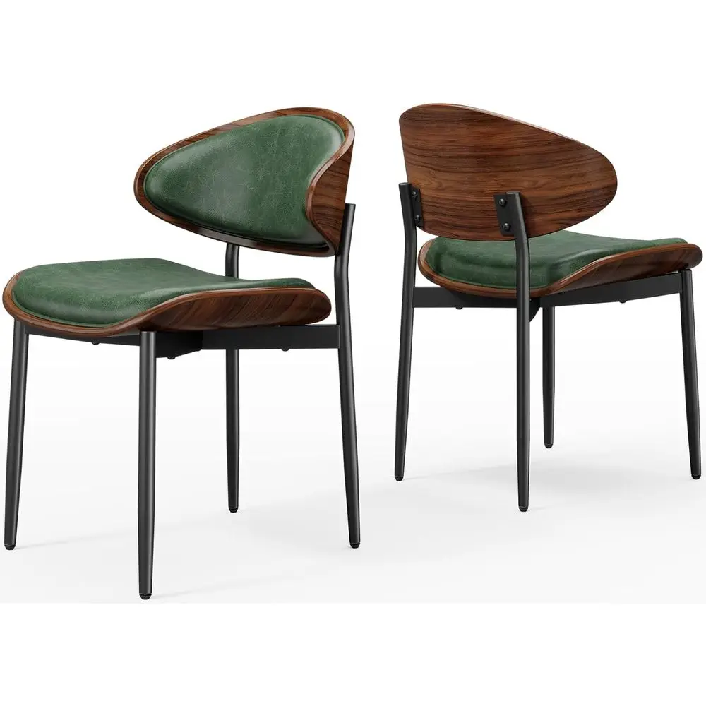Mid-Century Modern Upholstered Green PU Leather Dining Chairs with Walnut Back and Metal Legs
Mid-Century Modern Upholstered Green PU Leather Dining Chairs with Walnut Back and Metal Legs