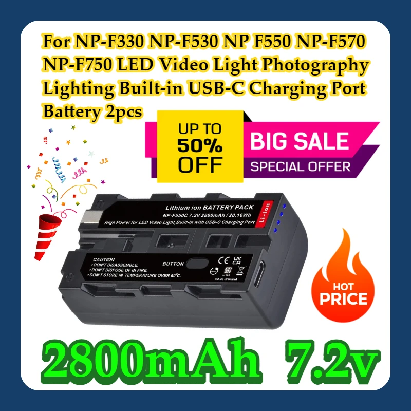 For NP-F330 NP-F530 NP F550 NP-F570 NP-F750 LED Light Photography Lighting 2800mAh Built-in USB-C Charging Port Battery 2pcs
For NP-F330 NP-F530 NP F550 NP-F570 NP-F750 LED Light Photography Lighting 2800mAh Built-in USB-C Charging Port Battery 2pcs