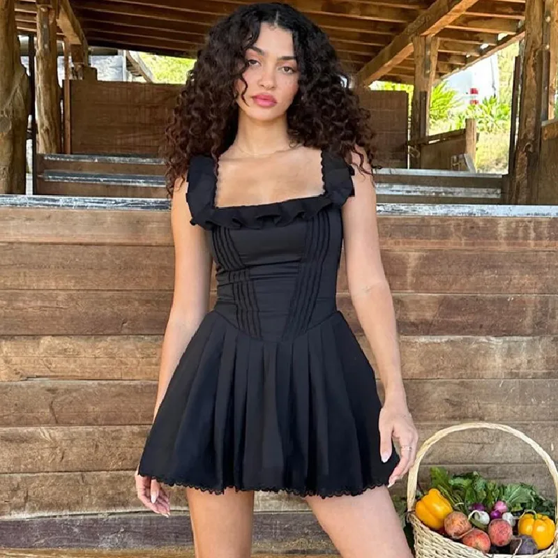 Women Elegant Square Neck Pleated Mini Dresses Summer Sleeveless Lace Patchwork Slim A-line Short Dresses Black Sweet Vestidos
Women Elegant Square Neck Pleated Mini Dresses Summer Sleeveless Lace Patchwork Slim A-line Short Dresses Black Sweet Vestidos