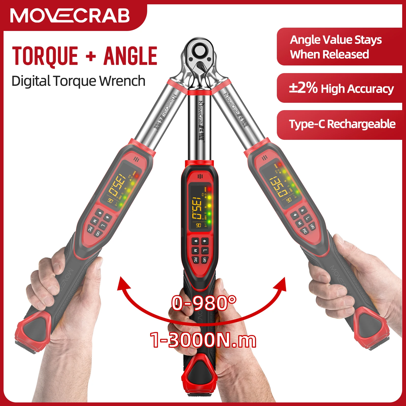 MoveCrab Digital Angle Torque Wrench 1/4" 3/8" 1/2", 1–3000 N·m,±2% Accuracy, Angle Memory, Sound & Light Alerts, USB-C Charging
MoveCrab Digital Angle Torque Wrench 1/4" 3/8" 1/2", 1–3000 N·m,±2% Accuracy, Angle Memory, Sound & Light Alerts, USB-C Charging