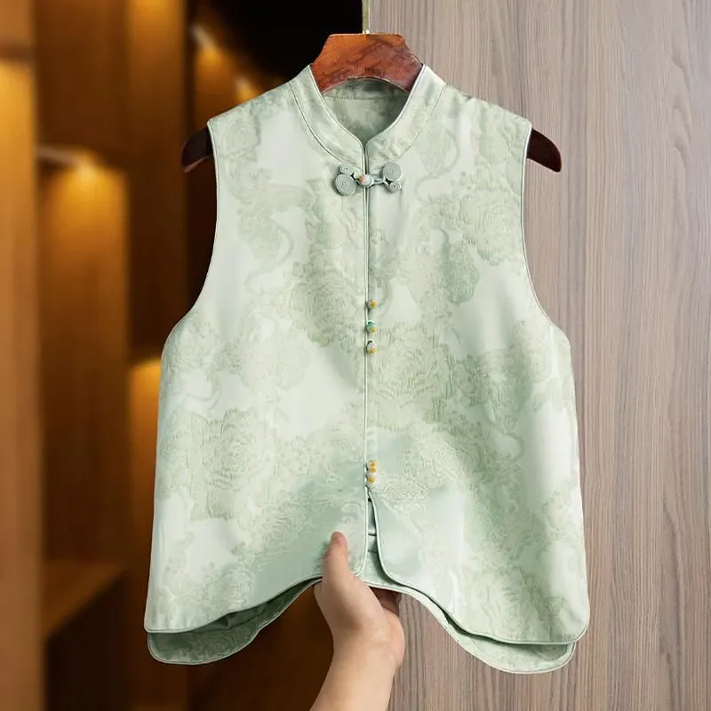 Жаккардовый жилет в китайском стиле для женщин, свободный повседневный жилет без рукавов с воротником-стойкой
Жаккардовый жилет в китайском стиле для женщин, свободный повседневный жилет без рукавов с воротником-стойкой